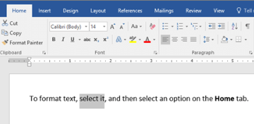 Selected text with formatting options on the Word Home tab