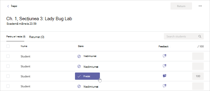 Cursorul se află peste butonul Returnat în cadrul unei teme selectate în Microsoft Teams.