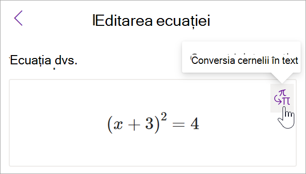 Captură de ecran a panoului asistent de matematică din OneNote. Un cursor trece peste butonul cerneală în text.