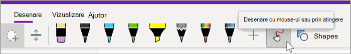 captură de ecran a filei desenare din OneNote pentru Windows 10 cu mouse-ul menținut peste butonul Desenare cu mouse-ul sau prin atingere