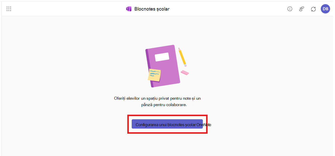 Aplicația Blocnotes școlar este deschisă în integrarea M365 LTI. Utilizatorului i se solicită să creeze un blocnotes nou