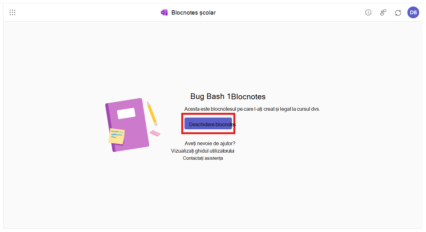 Aplicația Blocnotes școlar este deschisă în integrarea M365 LTI. Utilizatorului i se solicită să lanseze blocnotesul nou creat