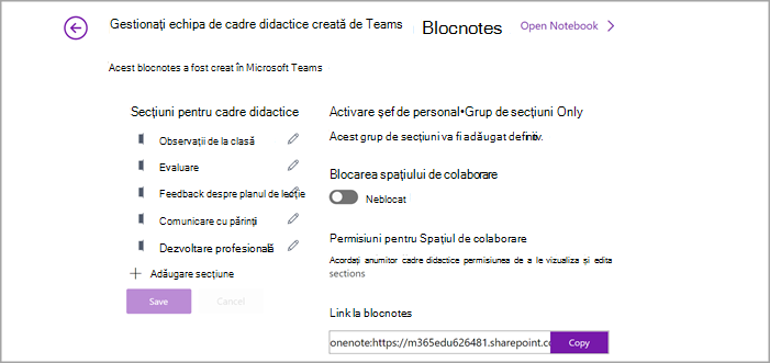 Captură de ecran a paginii de gestionare a setărilor pentru Blocnotesul pentru cadre didactice din OneNote.