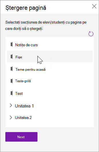 Alegeți secțiunea de elevi/studenți cu pagina pe care doriți să o ștergeți.