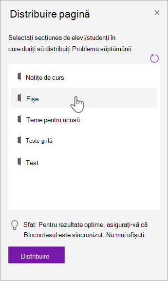 Alegeți o secțiune pentru elevi/studenți în panoul de distribuire a paginii.