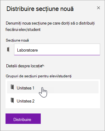 Alegeți o locație pentru grupul de secțiuni.