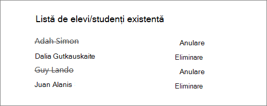 Numele elevilor eliminate sunt tăiate din lista de elevi existenți, cu opțiuni Anulare și Eliminare lângă toate numele.