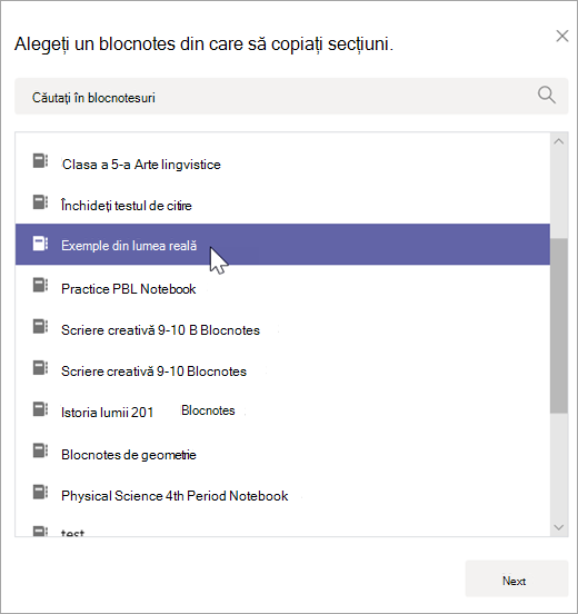 Alegeți un blocnotes din care să copiați secțiuni.