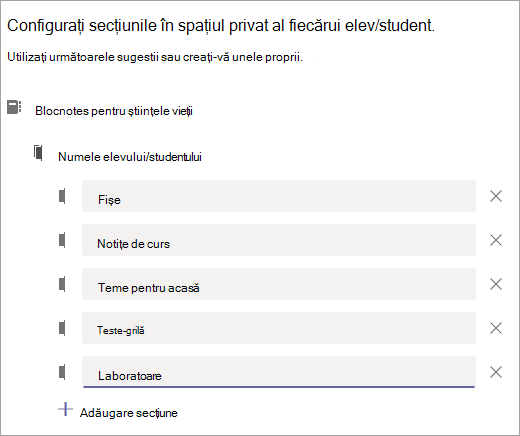 Configurați secțiunile în spațiul privat al fiecărui elev/student.
