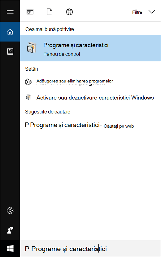 Deschideți meniul Start și tastați Program și caracteristici