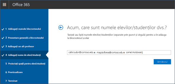Captură de ecran cu adăugarea numelor de elevi/studenți la Creator blocnotesuri.