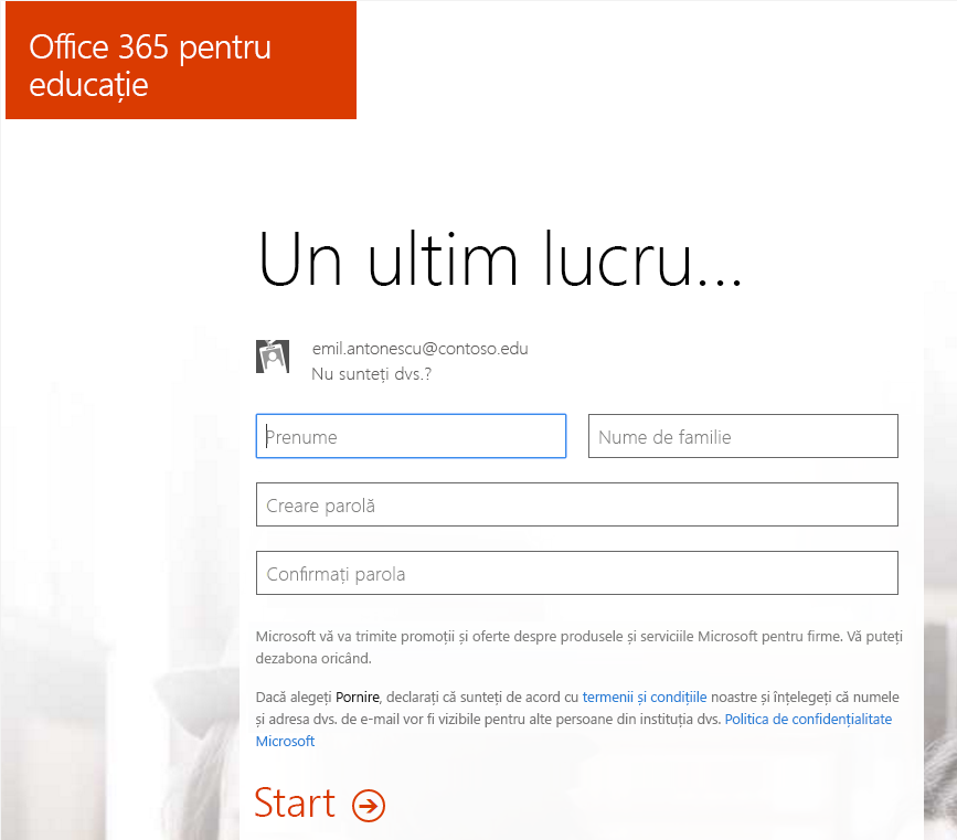 Captură de ecran a paginii de creare a parolei pentru procesul de înregistrare la Office 365.