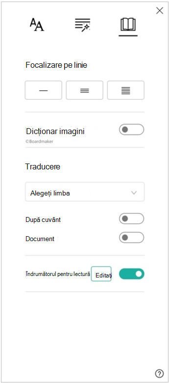 Captură de ecran a panoului de preferințe de citire din Immersive Reader, care afișează opțiunile pentru focalizarea pe linie, dicționar de imagini, traducere și Îndrumător de citire.