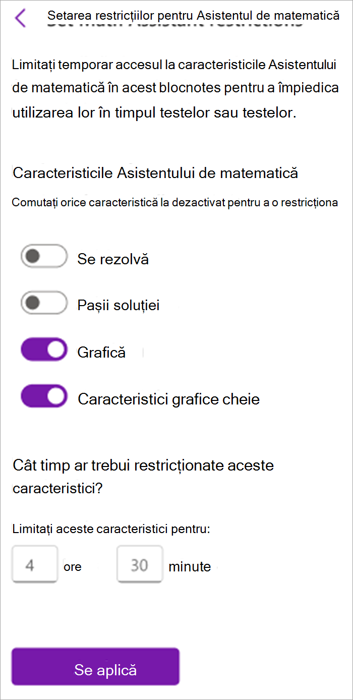 Captură de ecran a panoului asistentului de matematică pentru cadre didactice în Blocnotesul școlar. De aici puteți activa sau dezactiva instrumentele din asistentul de matematică, inclusiv rezolvarea, pașii soluției, reprezentările grafice și principalele caracteristici grafice.