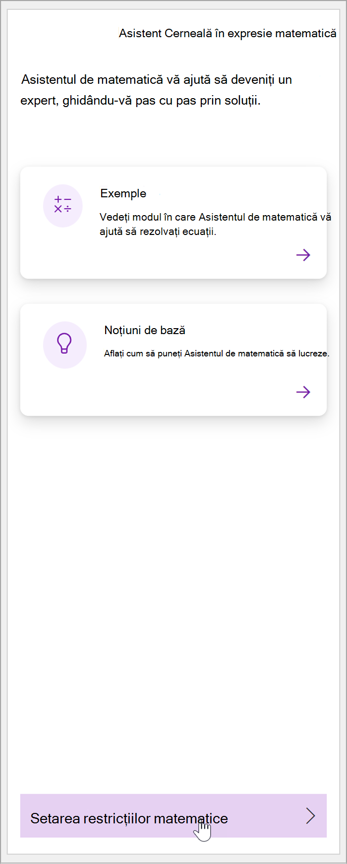 Captură de ecran a panoului de matematică din OneNote. Un cursor trece peste butonul Setare restricții matematice