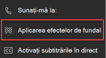 Captură de ecran care arată opțiunea Aplicați efecte de fundal în Teams.