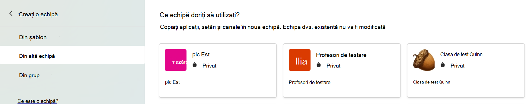 Captură de ecran care arată selectați o echipă pentru a copia aplicații, setări și canale.