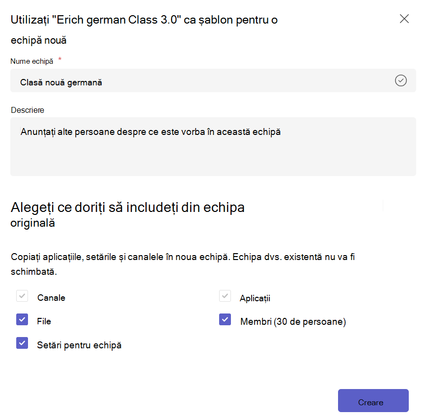 Captură de ecran care arată creați o echipă nouă dintr-un șablon de echipă existent și selectați conținutul de copiat.