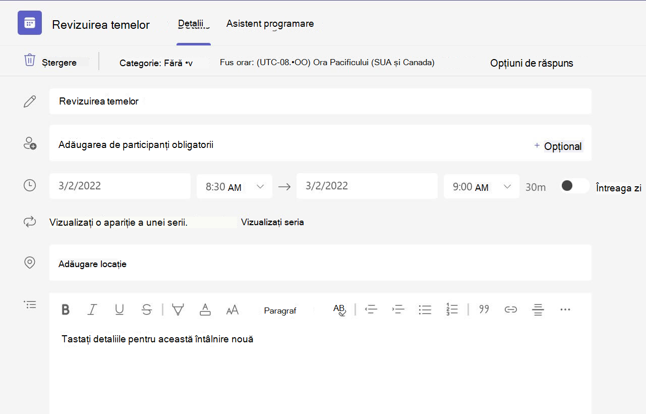 Captură de ecran cu niciun detaliu despre întâlnire în versiunea web a Teams.