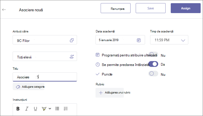 Completați toate detaliile temei pentru acasă și apoi dați clic pe butonul Atribuiți.