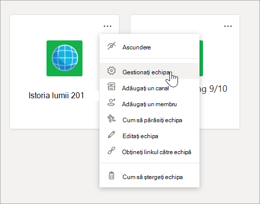 Editați meniul și setările pentru o echipă.
