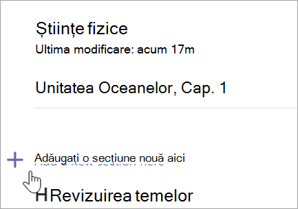 Captură de ecran care afișează pagina Blocnotes școlar cu opțiunea de a adăuga o secțiune nouă.