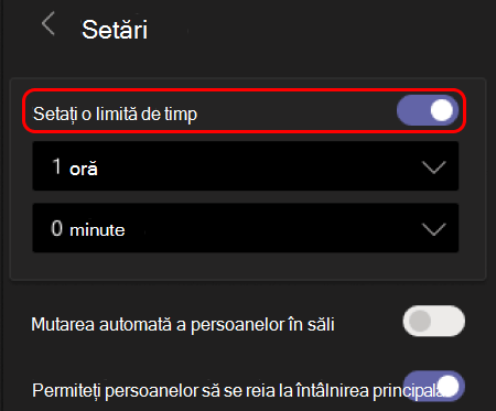 Imagine care arată cum să setați o limită de timp pentru sălile pentru subgrupuri.