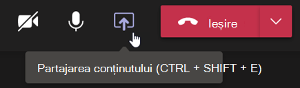 Captură de ecran care afișează butonul Partajați conținut din bara de control a întâlnirii Teams.