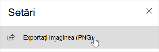 Captură de ecran care afișează panoul Setări cu opțiunea Export imagine (PNG).