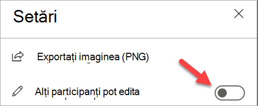 Captură de ecran care afișează panoul Setări cu comutatorul 