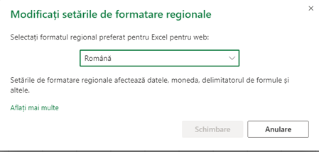 Caseta de dialog Modificare setări formatare regională