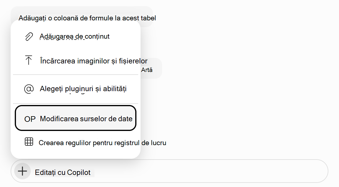 Captură de ecran a câmpului prompt Copilot în Excel cu opțiunea 