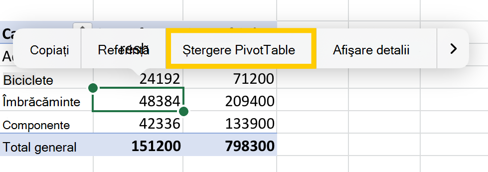 Ștergeți opțiunea PivotTable din meniul contextual de pe iPad.