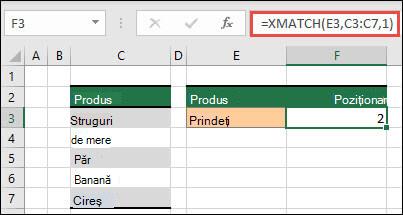 Un tabel Excel care listează diferite produse din fructe de la celula C3 la C7. Formula XMATCH este utilizată pentru a găsi poziția în tabel unde textul corespunde cu gra (definit în celula E3). Formula returnează 2, deoarece textul Strugure se află în poziția doi în tabel.