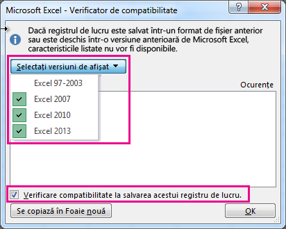 Verificatorul de compatibilitate, afișând versiunile de verificat