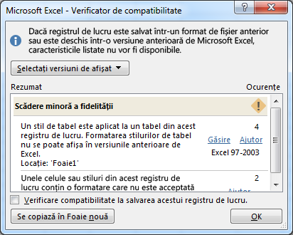 Verificator de compatibilitate care afișează probleme de pierdere minoră a fidelității