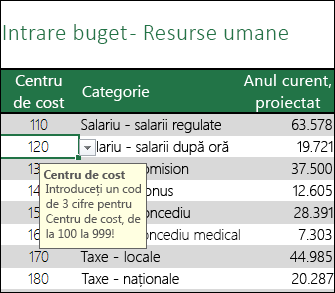 Se afișează un mesaj de intrare atunci când utilizatorii selectează celula