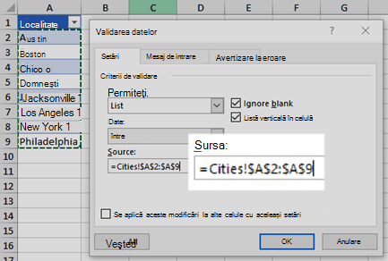 Opțiunile Listei de validare a datelor