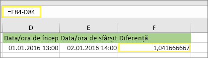 =E84-D84 și rezultatul 1,04166667