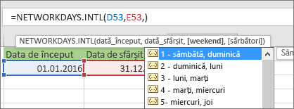 Listă Intellisense afișând 2 - Duminică, Luni; 3 - Luni, Marți și așa mai departe
