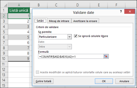 Exemplul 4: Formule în validarea de date
