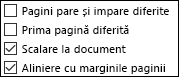 Opțiuni Antet și subsol în caseta de dialog Inițializare pagină