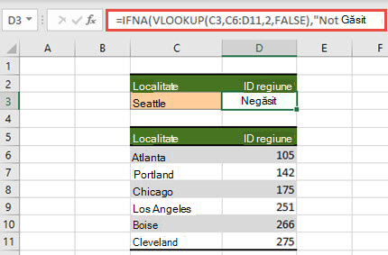 Imagine cu utilizarea IFNA cu VLOOKUP pentru a împiedica afișarea erorilor #N/A.
