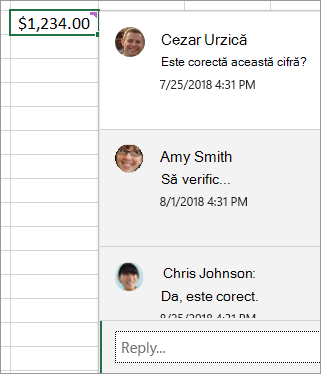 Celulă cu 1.234,00 USD și un comentariu cu fir atașat: Dave Ludwig: Este corectă această cifră? Amy Smith: Permiteți-mi să verific... și așa mai departe
