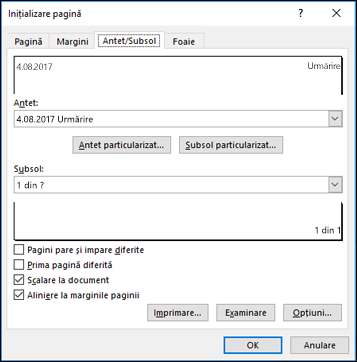 Inițializare > pagină Opțiuni Antet și subsol