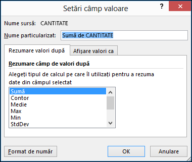 Caseta de dialog Setări câmp valori din Excel pentru opțiunile Rezumare valori după