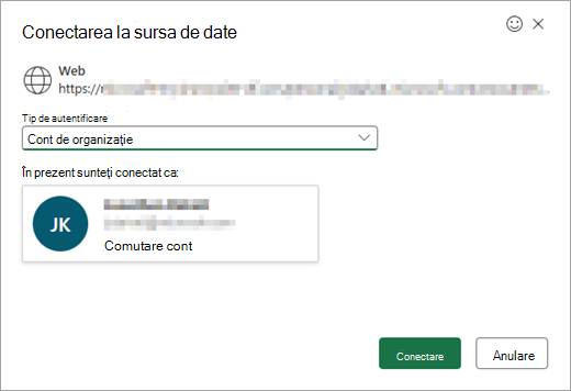 Afișează fereastra Conectare la sursa de date, cu un meniu vertical pentru selectarea tipului de autentificare.