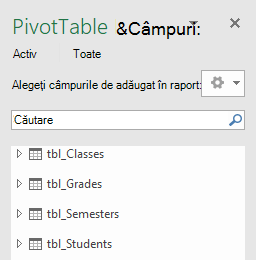 Listă de câmpuri PowerPivot PivotTable