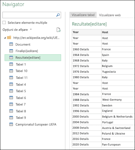 Power Query > din Vizualizarea tabel din Navigatorul web >