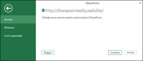 Caseta de dialog Conectare la o listă Excel Power Query Conectare